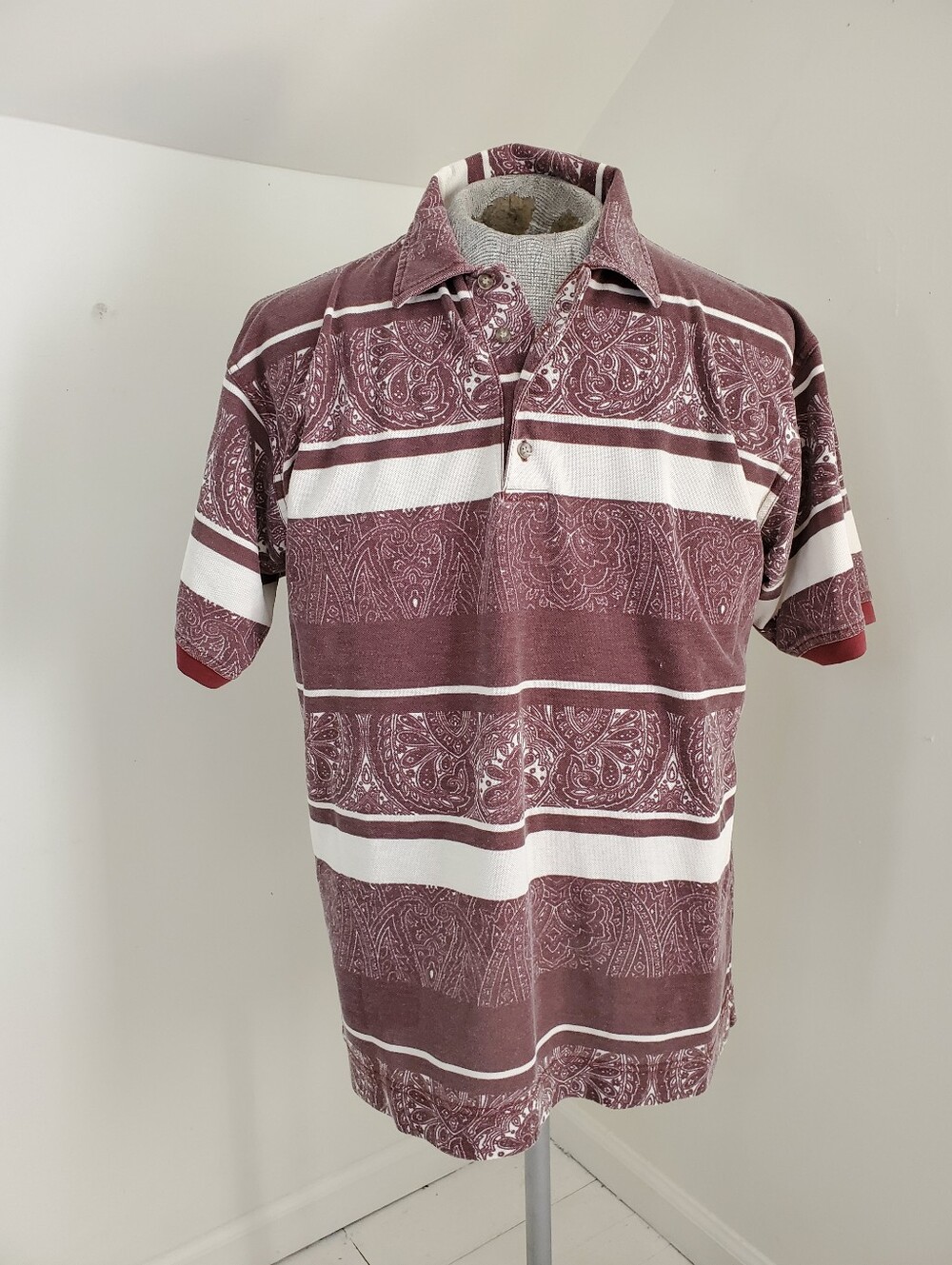 90s Y2k Vintage Maroon Plum Paisley Stripe Polo Shirt